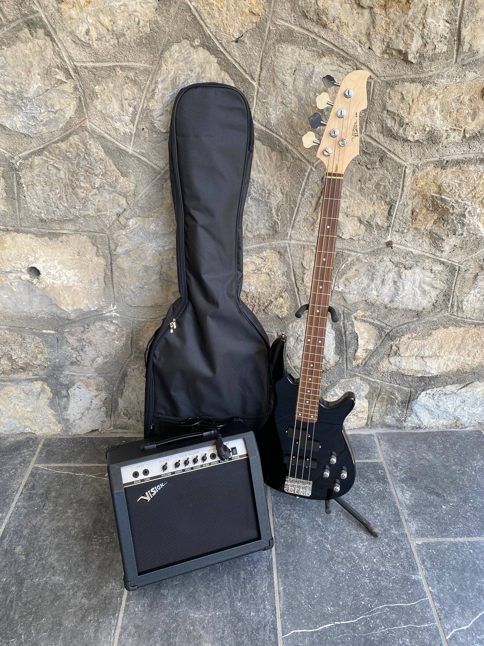 Vision JB8 Jazz Bass Starter Kit - Sosft case Jack and 35W Amplifer - Black - NEW