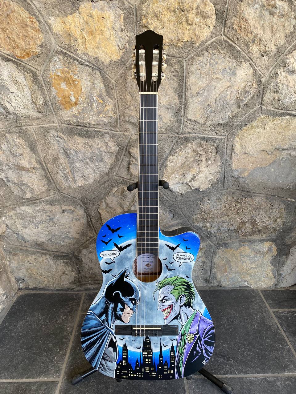Hand-Painted Acoustic-Electric Classical Guitar "Batman & Joker" by Roberta Perrotta