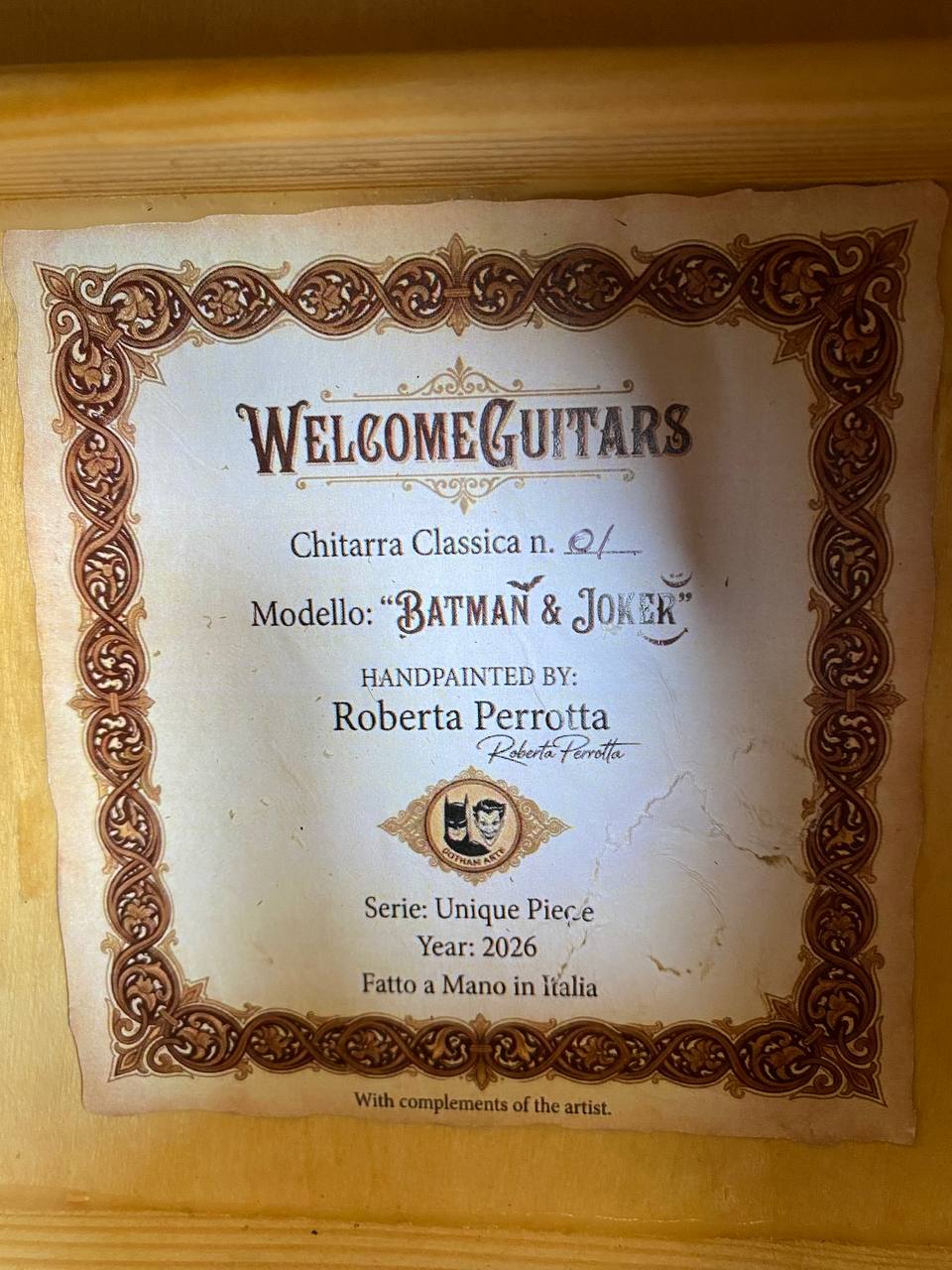 Hand-Painted Acoustic-Electric Classical Guitar "Batman & Joker" by Roberta Perrotta