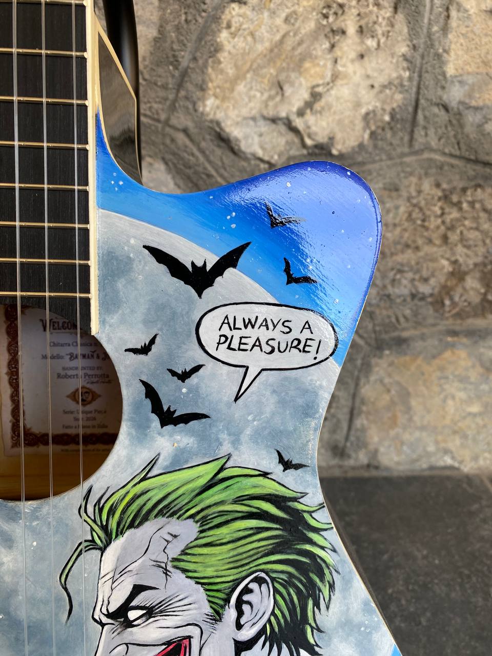 Hand-Painted Acoustic-Electric Classical Guitar "Batman & Joker" by Roberta Perrotta