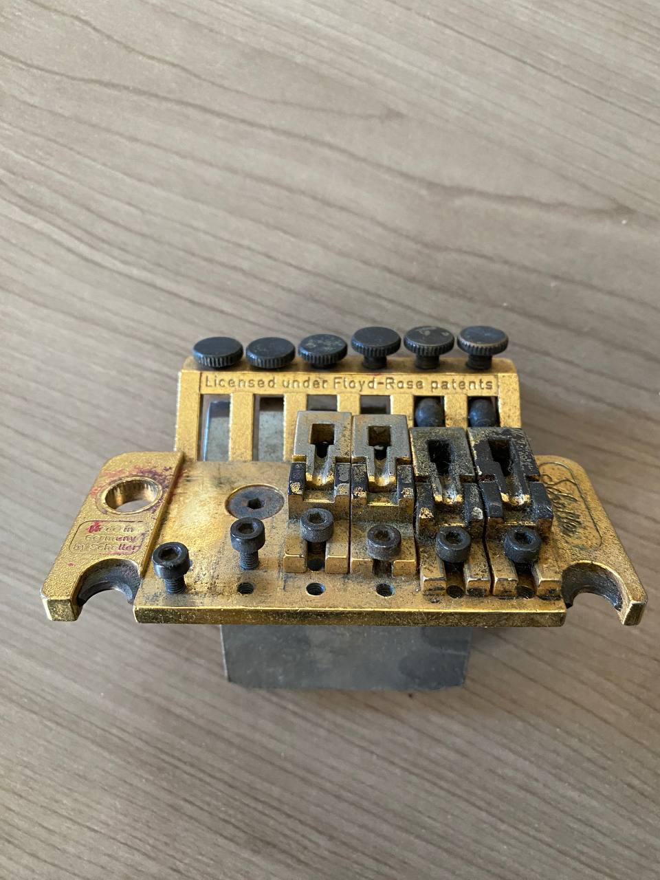 Vintage Schaller Floyd Rose Tremolo Bridge — Gold Finish, US Patent Engraved, Incomplete (For Parts / Repair)