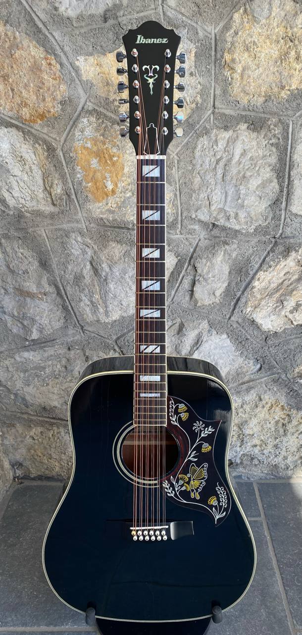 Vintage Ibanez F302BK 12-String Acoustic Guitar (Black) — Made in Japan, Butterfly Pickguard, Original Hard Case + Video Demo