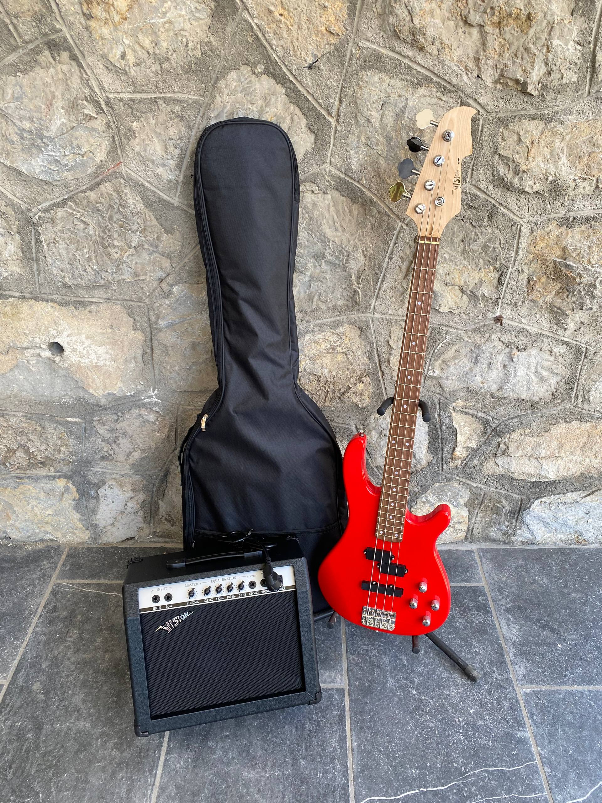 Vision JB8 Jazz Bass Starter Kit - Sosft case Jack and 35W Amplifer - Red - NEW