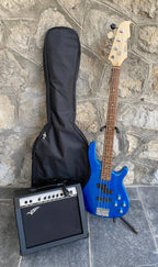 Vision JB8 Jazz Bass Starter Kit - Sosft case Jack and 35W Amplifer - Blue - NEW
