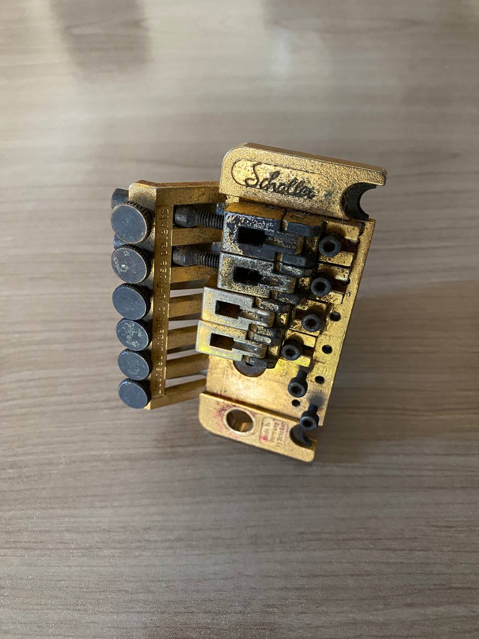 Vintage Schaller Floyd Rose Tremolo Bridge — Gold Finish, US Patent Engraved, Incomplete (For Parts / Repair)