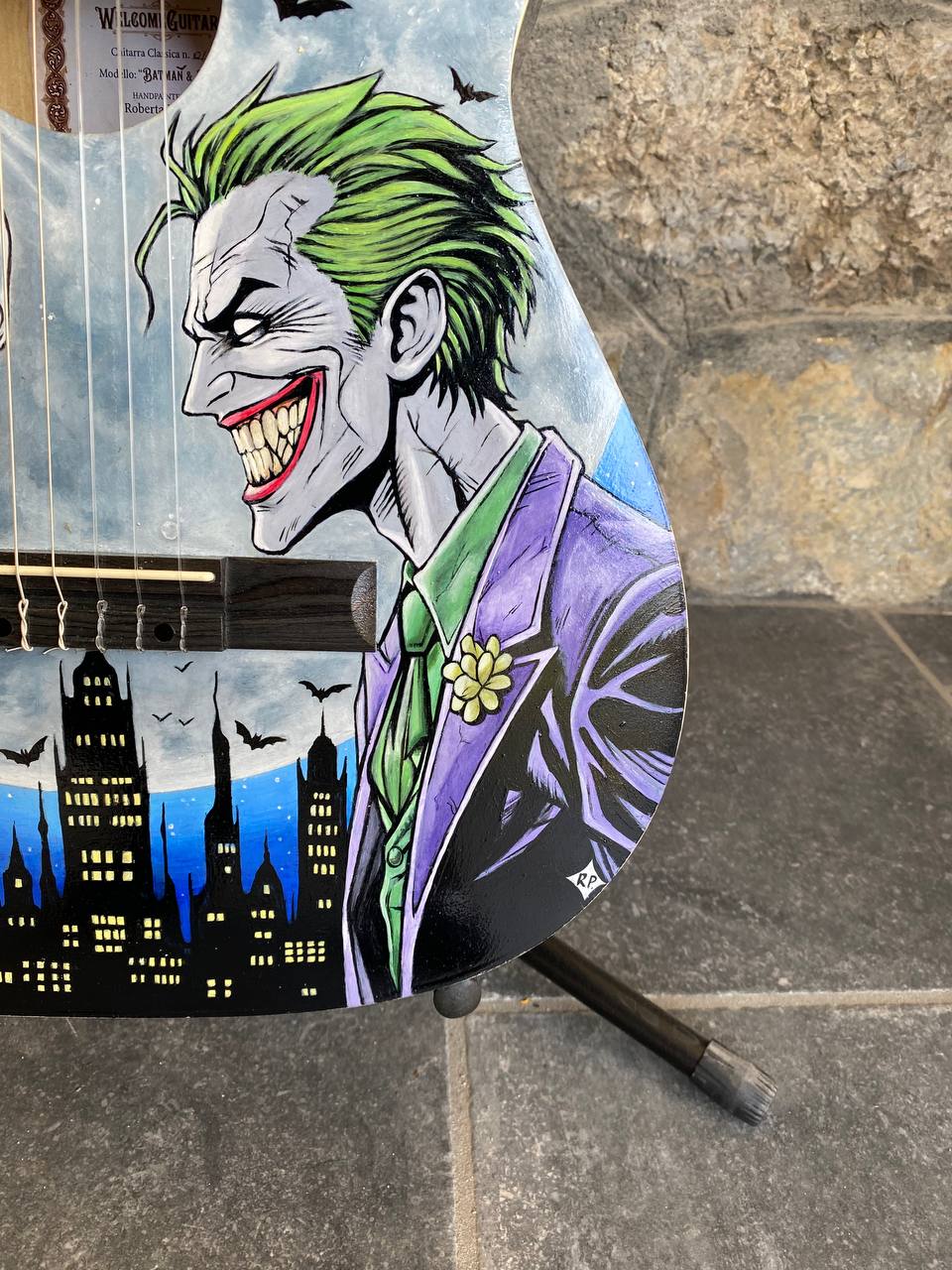 Hand-Painted Acoustic-Electric Classical Guitar "Batman & Joker" by Roberta Perrotta