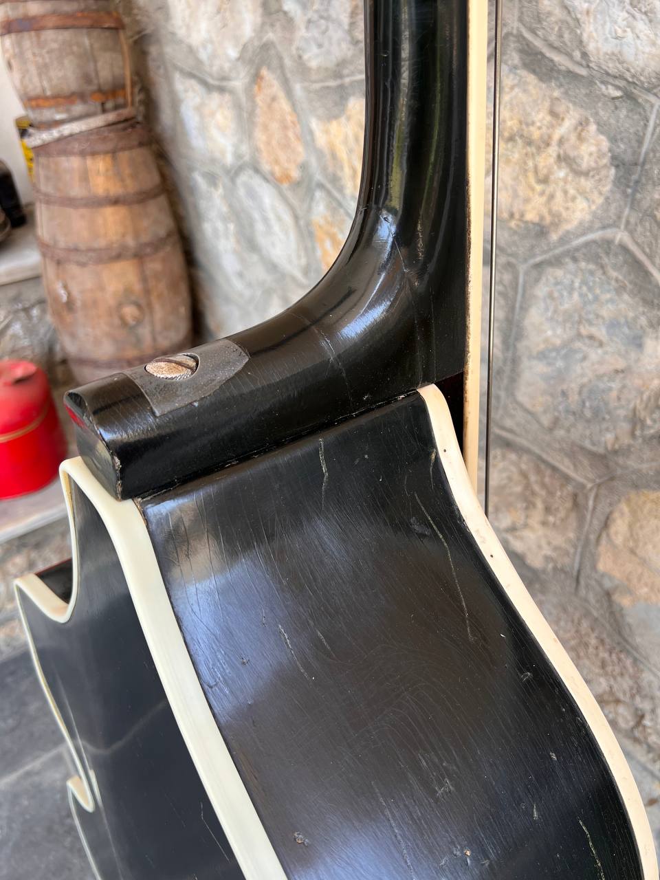 Ultra-Rare 1960 Wandré Naika Double Bass – Made in Italy – Black w/ Carved Lion Head Scroll & Aluminum Hardware with Hard Case