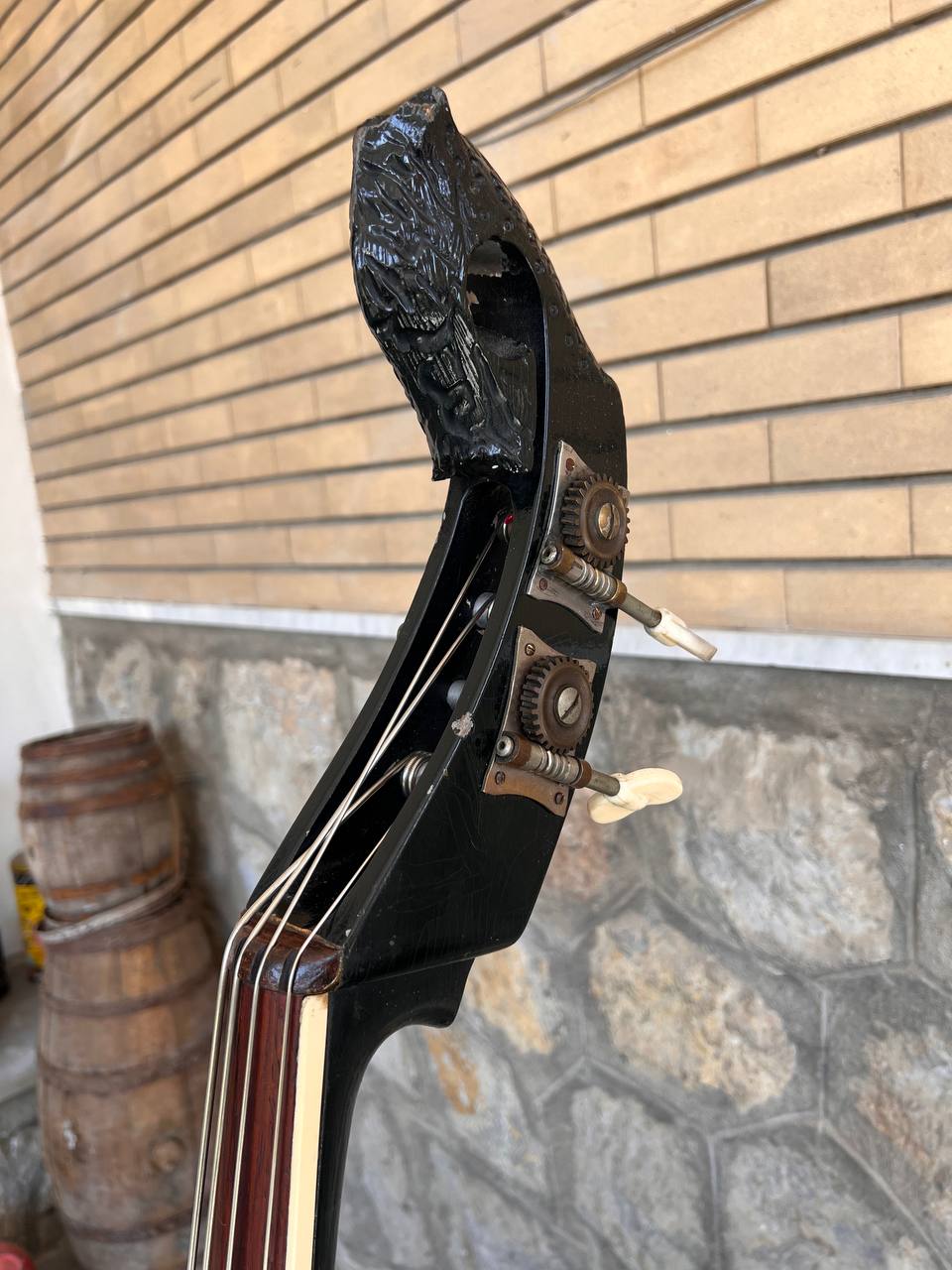 Ultra-Rare 1960 Wandré Naika Double Bass – Made in Italy – Black w/ Carved Lion Head Scroll & Aluminum Hardware with Hard Case