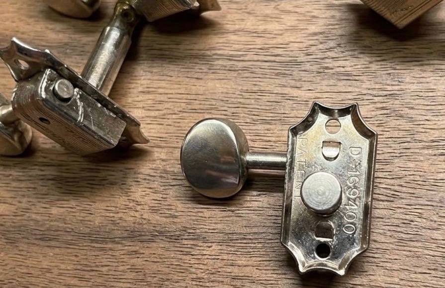 Vintage 1970s Gibson Deluxe Double Line Tuners (3x3 Set) — Nickel, Metal Buttons, Kluson D-169400 (Gibson SG, Les Paul, ES-335)